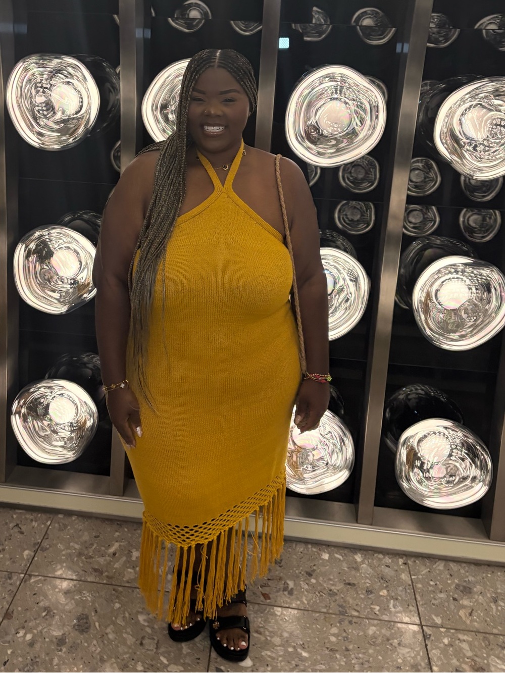 Ashley Stewart Mustard Yellow Halter Knit Fringe Dress